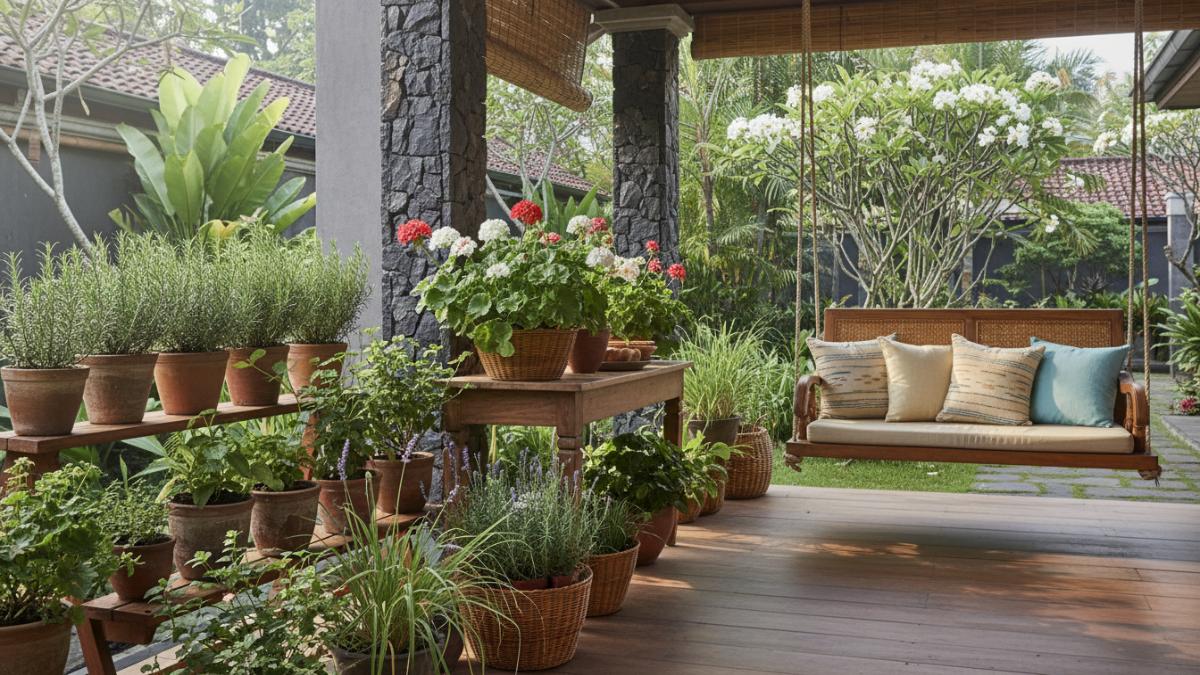 Aneka tanaman aromaterapi seperti rosemary dan geranium tertata rapi di teras.