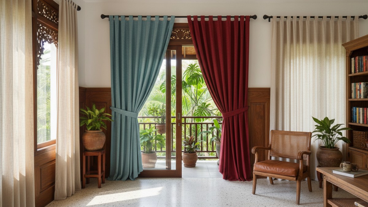 Ragam bahan gorden seperti linen, polyester, dan velvet untuk interior berbeda.