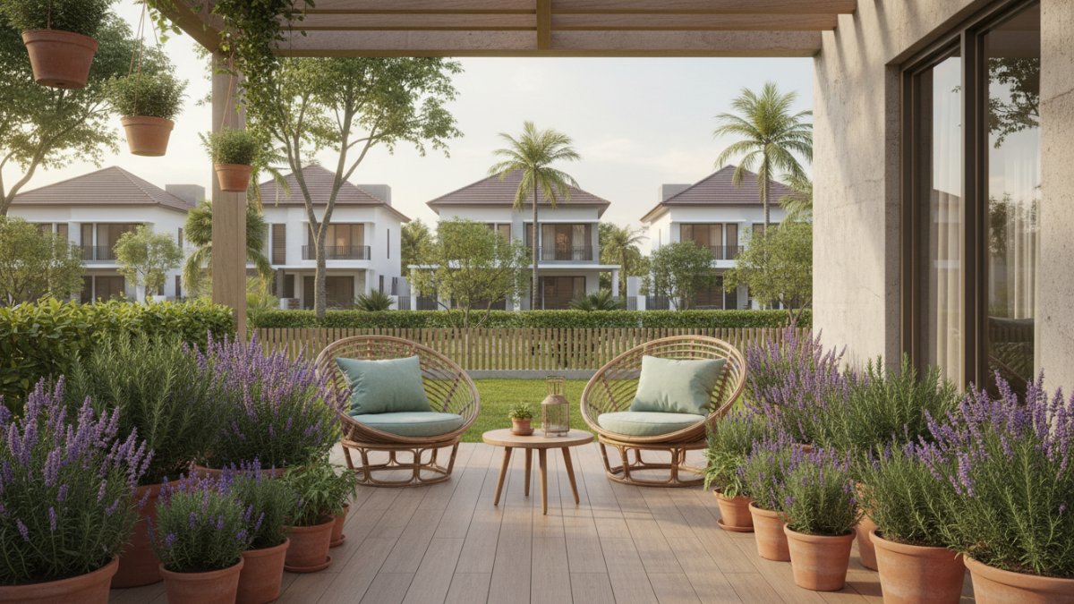 Lavender dan melati tumbuh subur menghadirkan aroma menenangkan di teras rumah.