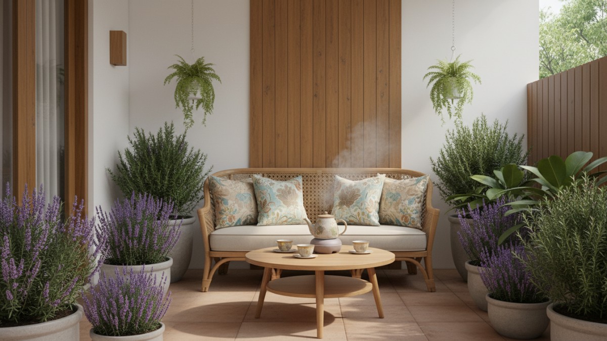 Taman aromaterapi rumah dengan lavender dan rosemary di area duduk santai, menghadirkan suasana relaksasi alami.