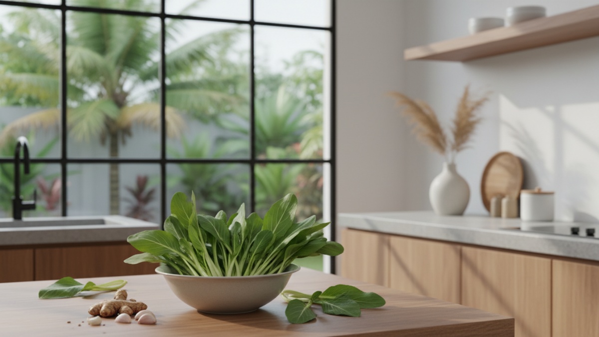 Close up daun sawi hijau menunjukkan tekstur dan warna segar sumber vitamin