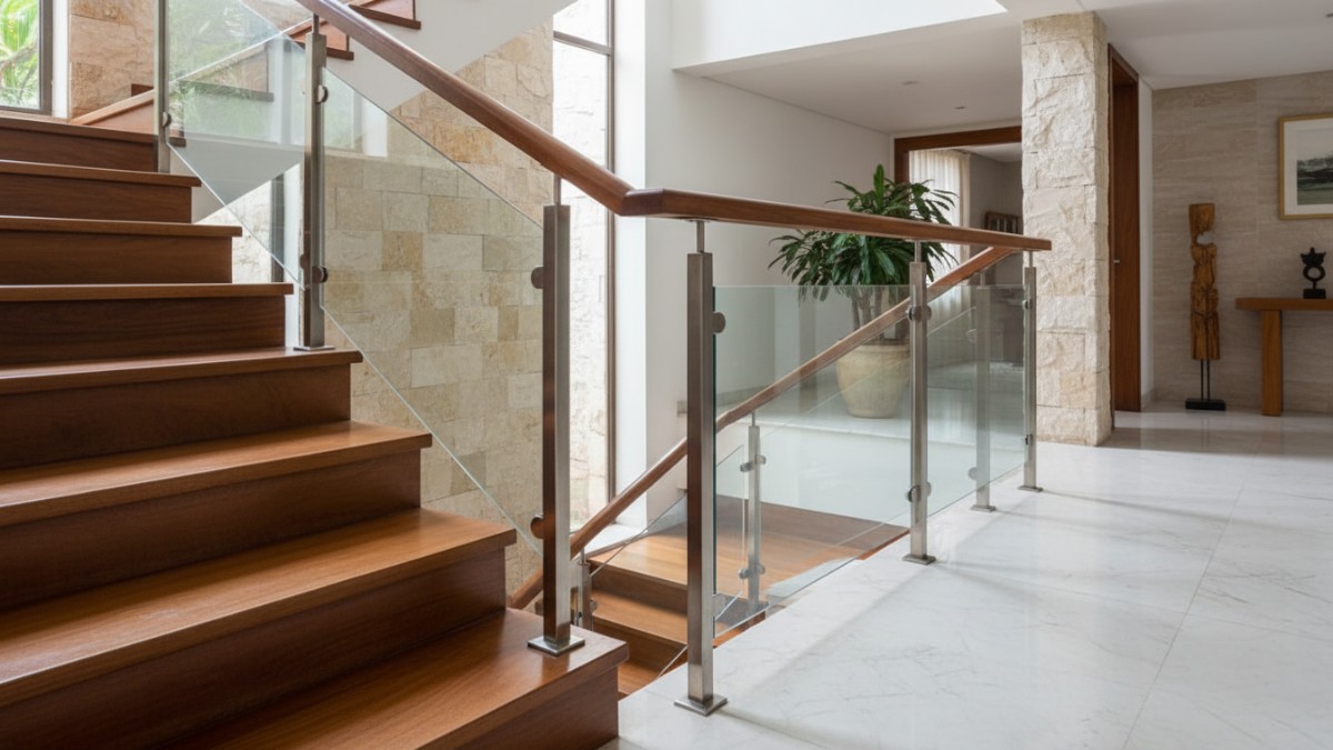 Detail material stainless steel, kayu solid, dan kaca tempered pada railing tangga modern.