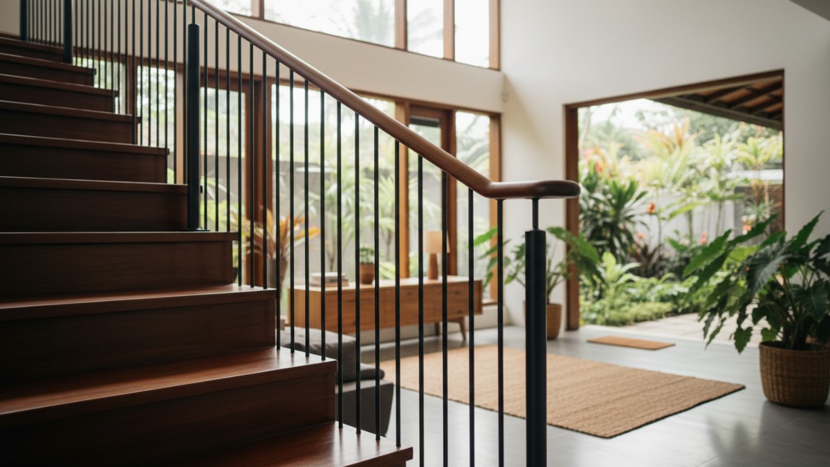 Standar tinggi dan jarak baluster pada desain railing tangga yang aman.