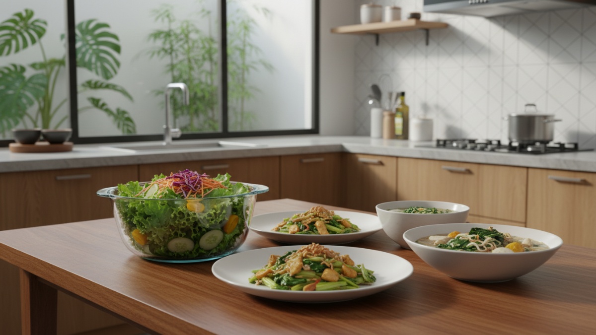 Sajian menu campuran sayur dengan sawi dalam mangkuk sehat