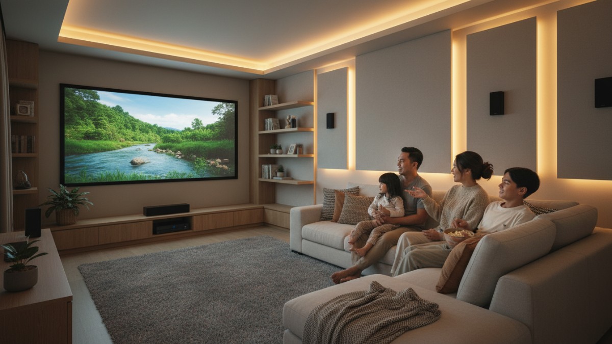 Ruang home theater minimalis dengan layar besar dan pencahayaan hangat yang nyaman untuk keluarga