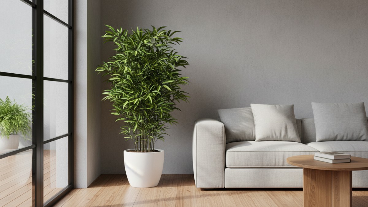 Tampilan daun variegata Dracaena reflexa yang kontras sebagai tanaman hias indoor.
