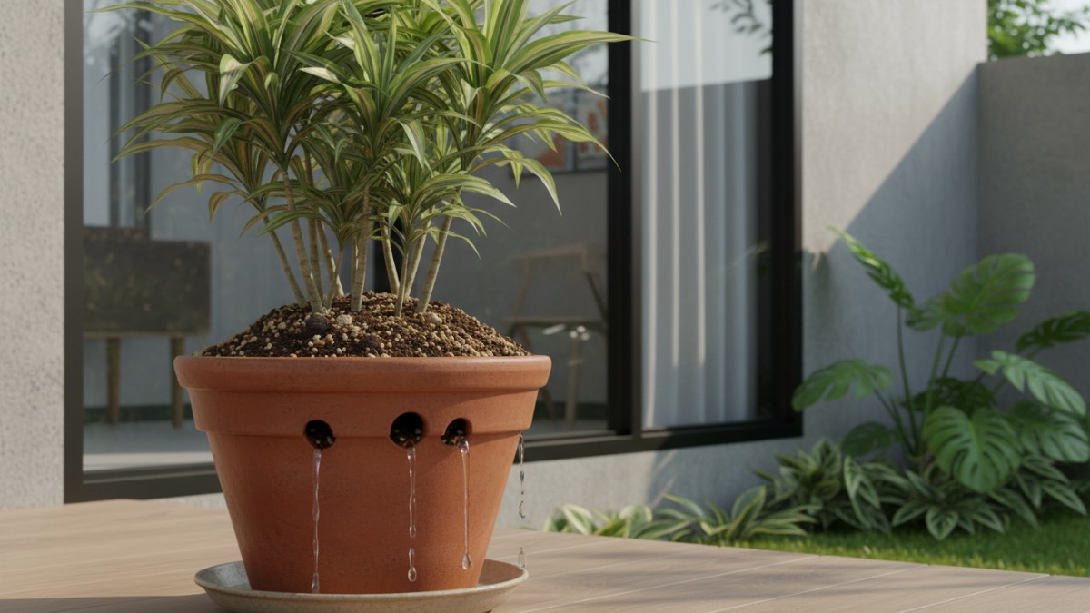 Campuran media tanam dan pot berlubang untuk akar Song of India.