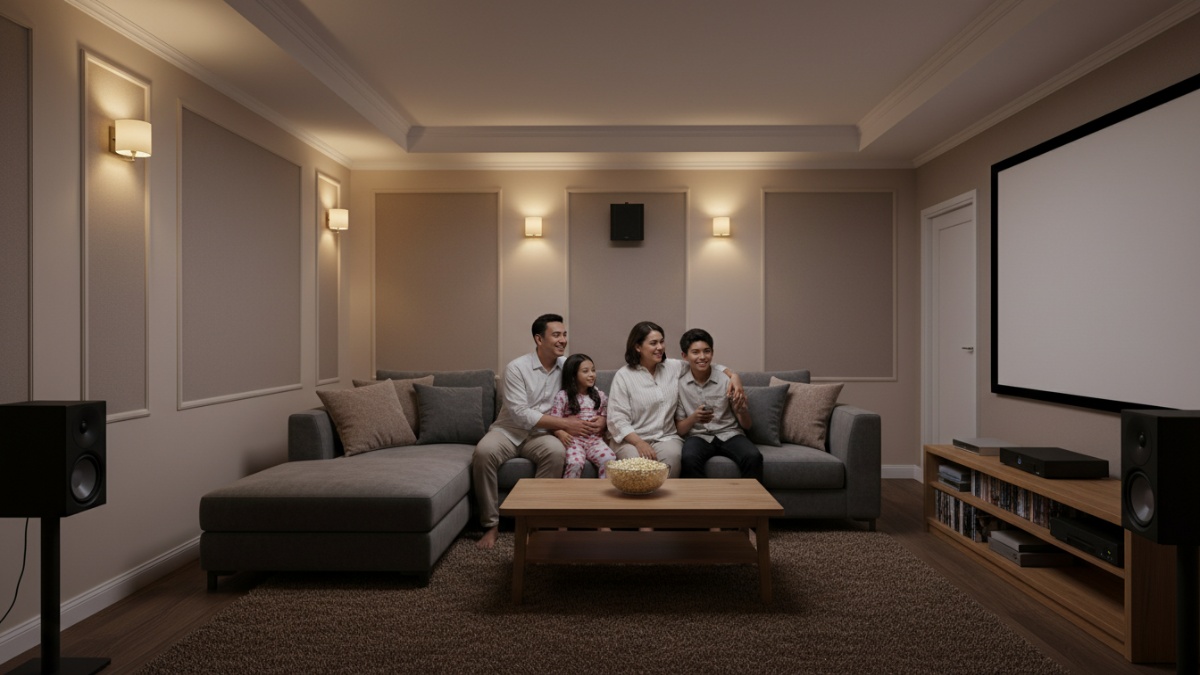 Interior home theater dengan warna dinding netral dan lampu redup