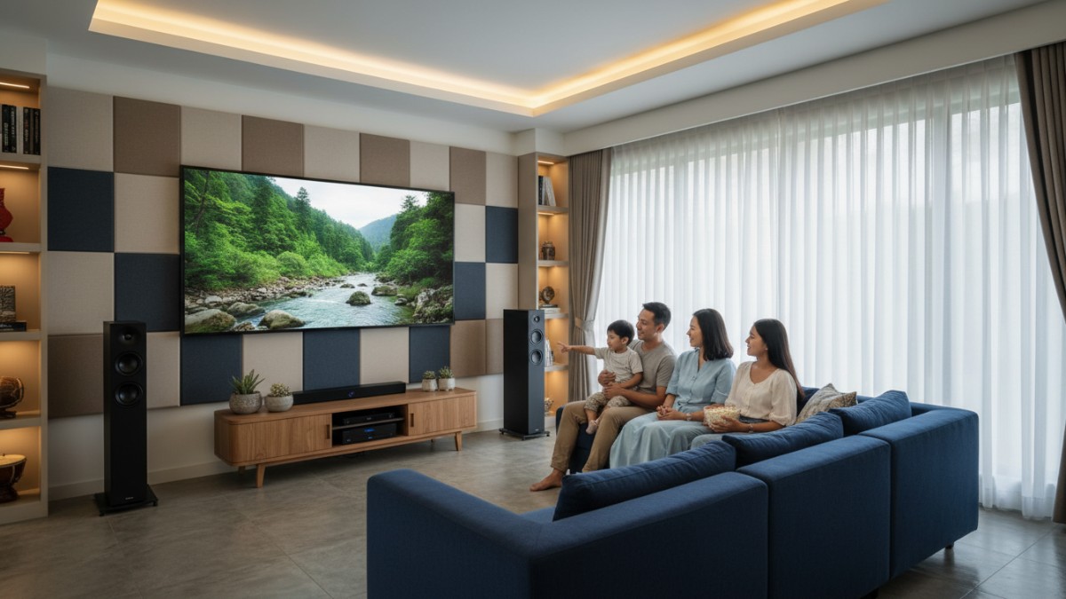 Penempatan speaker simetris di ruang minimalis
