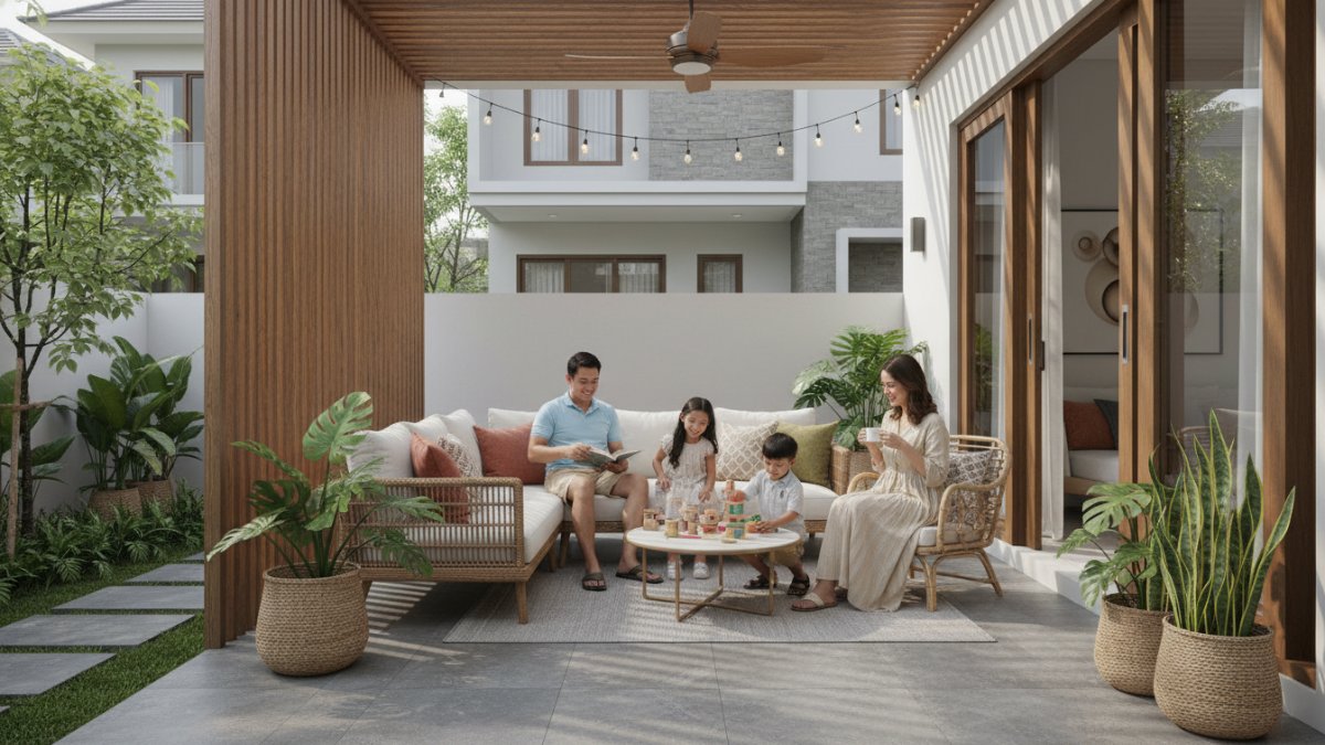 desain teras rumah minimalis yang tertata rapi dan nyaman untuk keluarga.