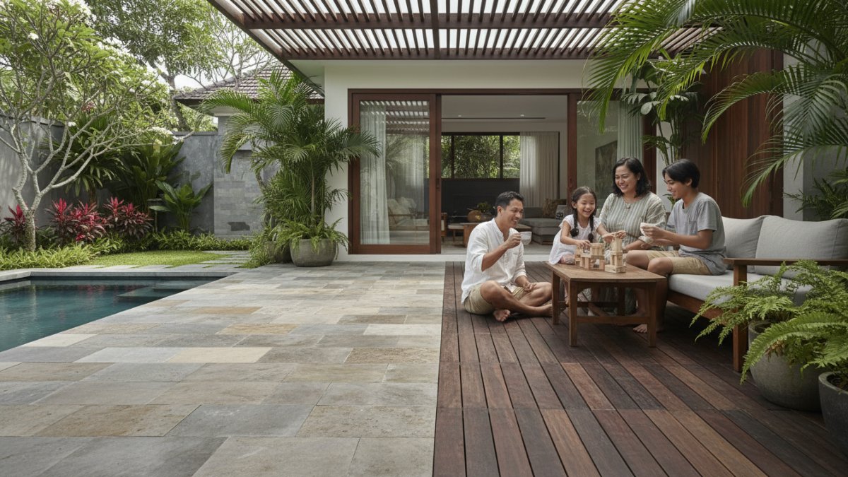 Material batu alam dan kayu untuk lantai teras tahan cuaca.