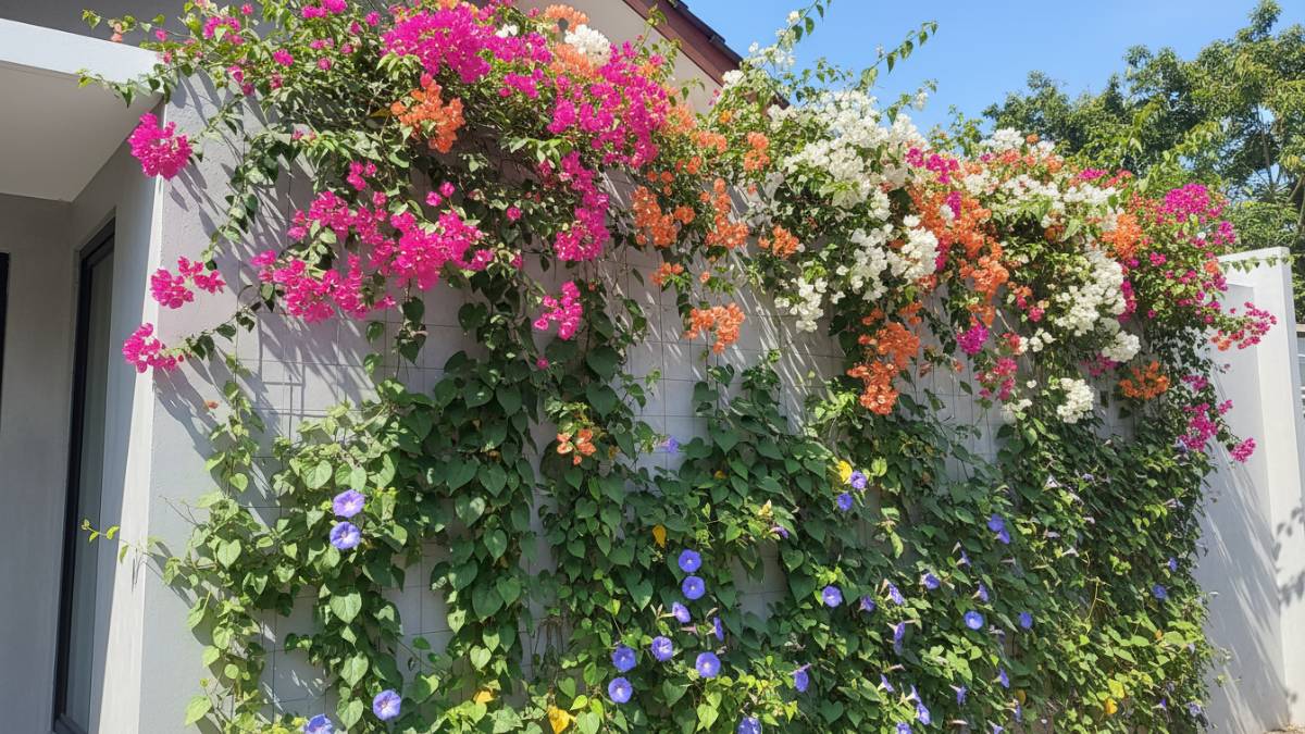 Contoh jenis tanaman rambat tropis seperti bougainvillea di fasad rumah.