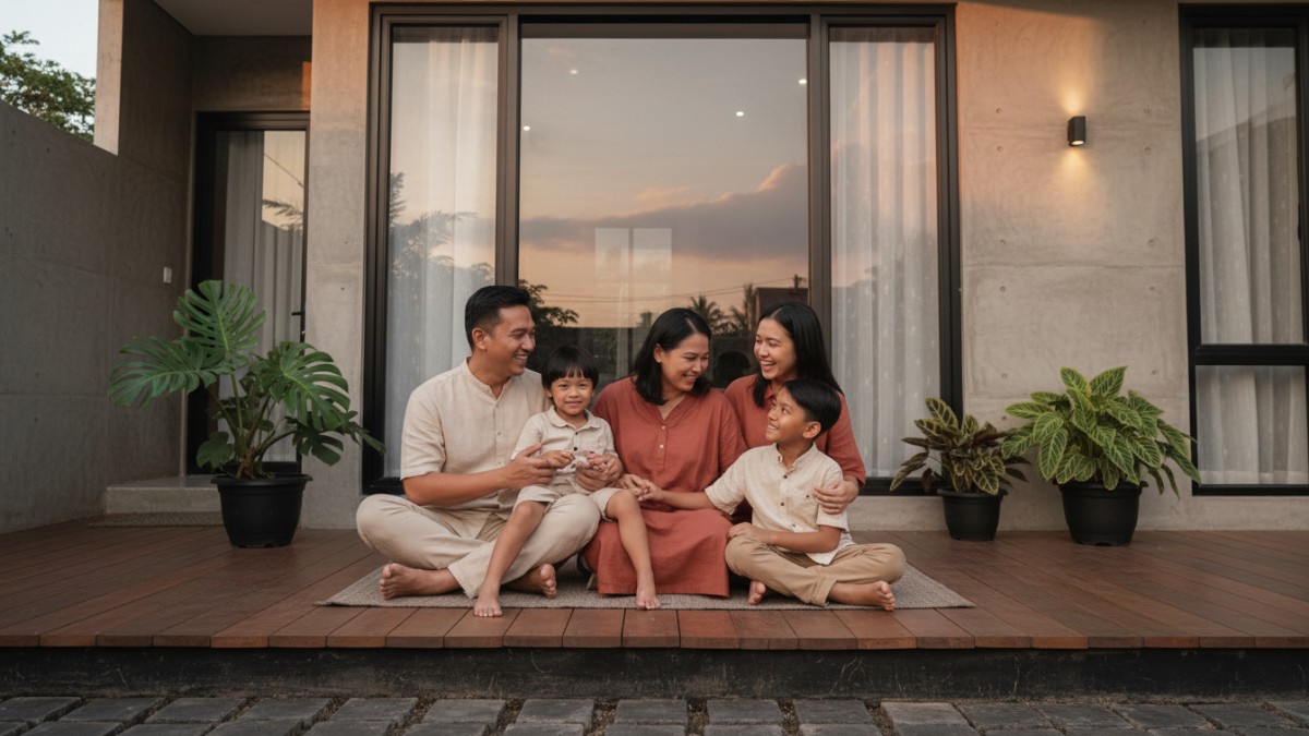 Pencahayaan hangat pada teras rumah saat sore hari.