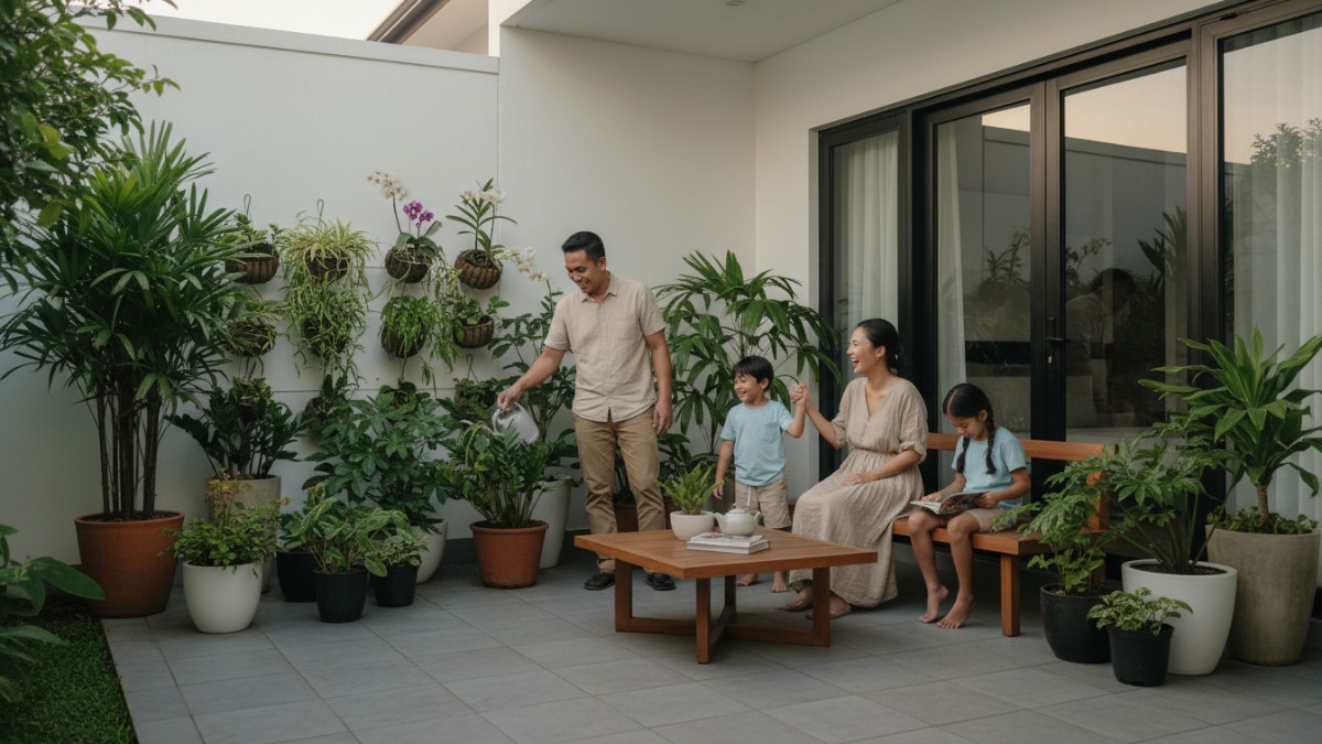 Tanaman pot tertata rapi memperindah area teras rumah