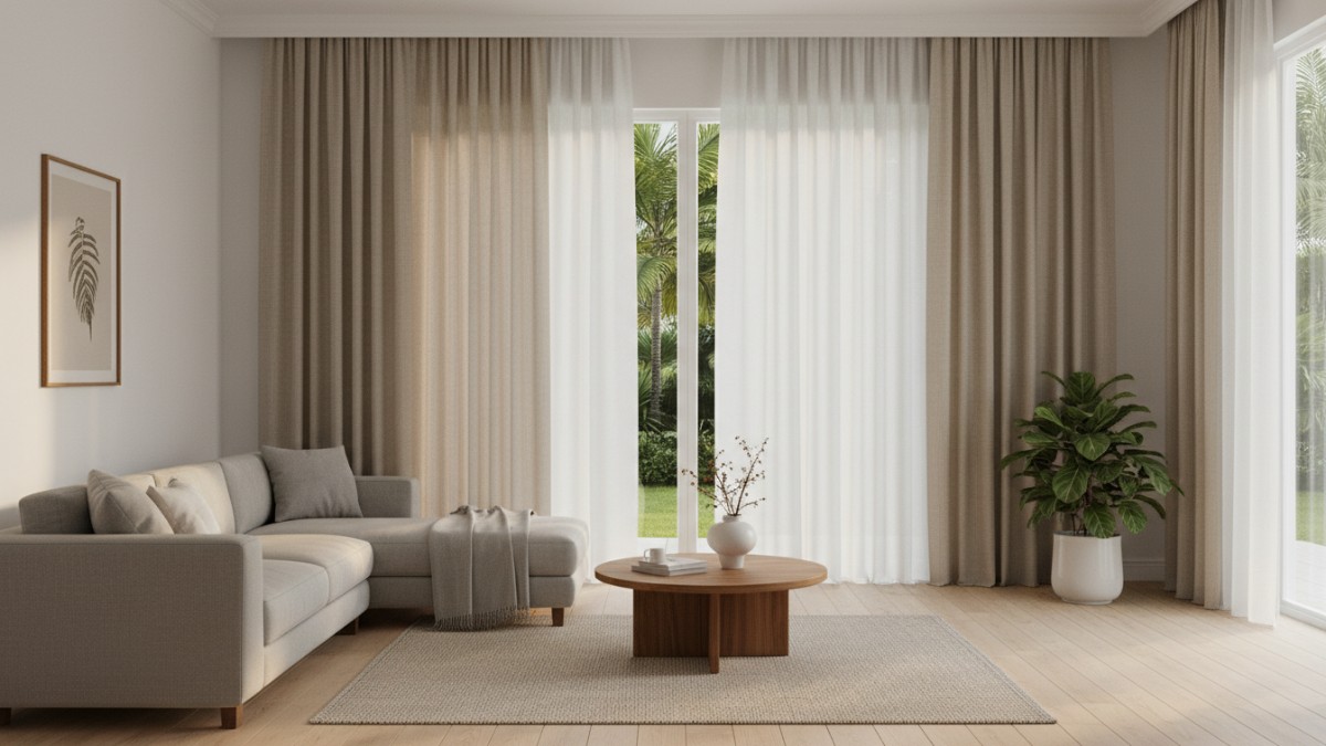 Kombinasi warna dan motif gorden serasi dengan sofa dan karpet ruang