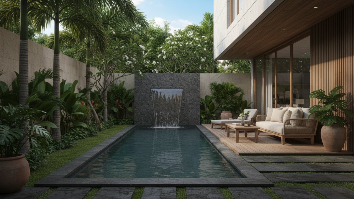 Sketsa konsep taman tropis Bali dengan titik fokus kolam dan vegetasi lebat