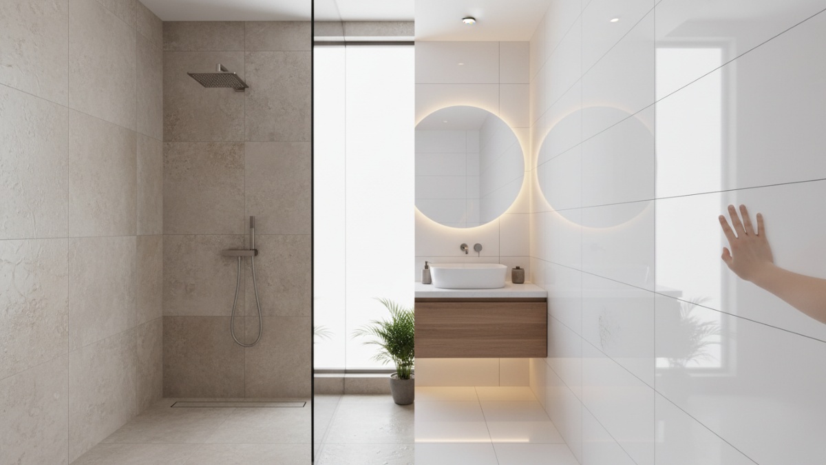 Perbandingan keramik porselen dan glossy untuk lantai serta dinding kamar mandi.