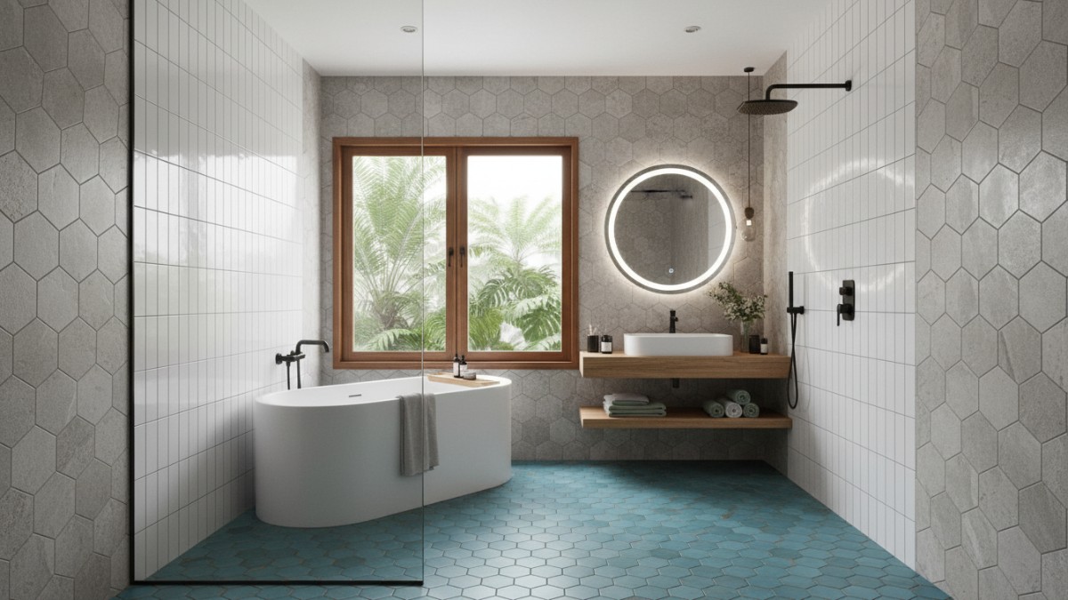 Pilihan ukuran dan bentuk keramik hexagonal serta persegi panjang pada kamar mandi