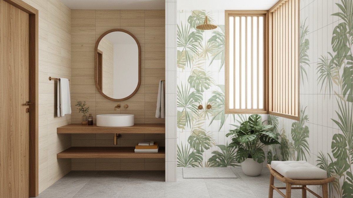 Kombinasi warna terang dan motif natural pada desain kamar mandi minimalis.