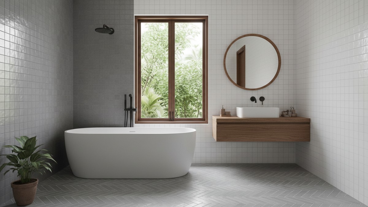 Pola pemasangan keramik herringbone dan susunan lurus yang rapi dan modern dikamar mandi minimalis.