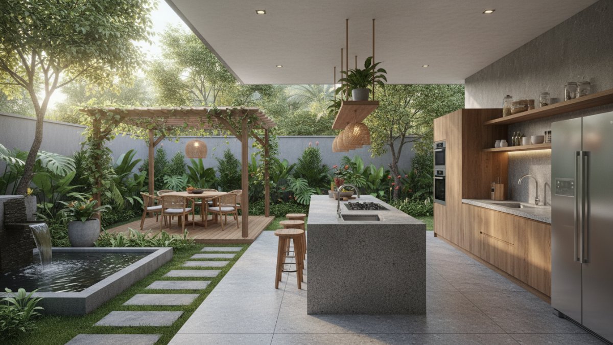 dapur terbuka modern dengan konsep outdoor kitchen menyatu taman, menghadirkan suasana masak yang lega dan fungsional.