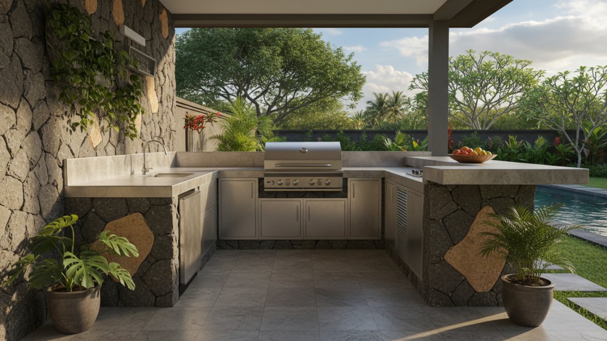 Material stainless steel dan batu alam pada outdoor kitchen yang tahan cuaca tropis.