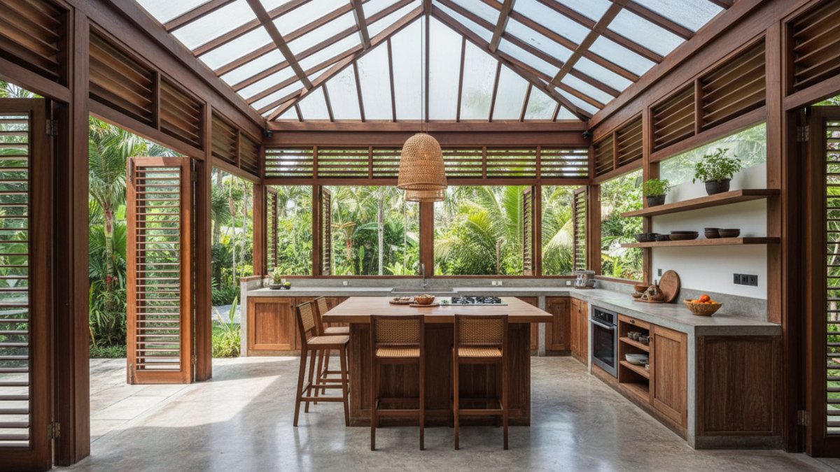 Desain dapur terbuka dengan ventilasi maksimal dan pencahayaan alami dari atap transparan.
