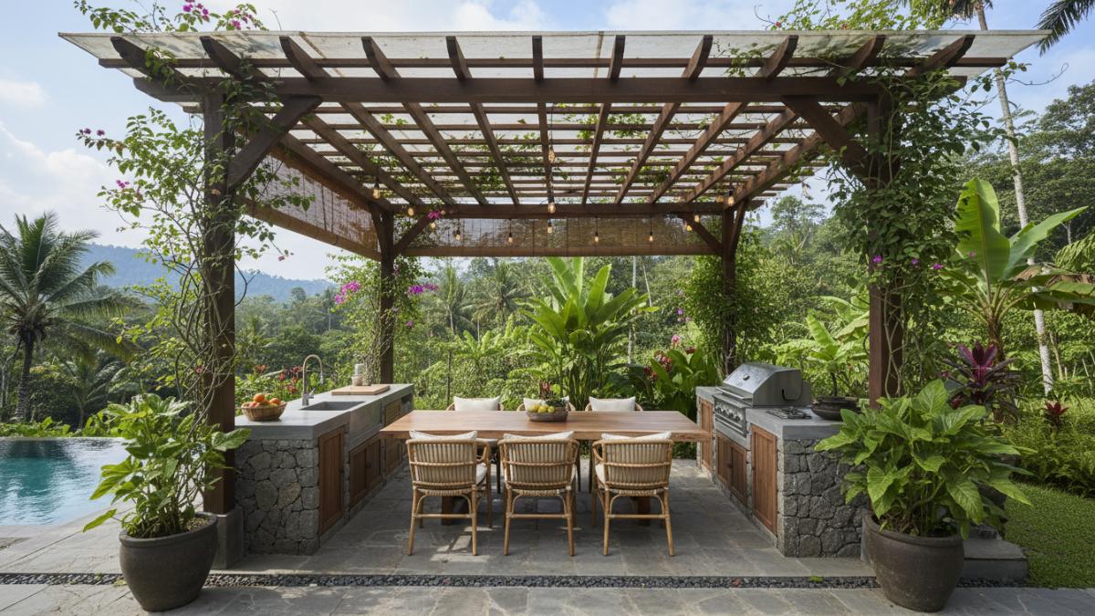 Outdoor kitchen dengan pergola dan kanopi semi-terbuka yang cocok untuk iklim tropis.