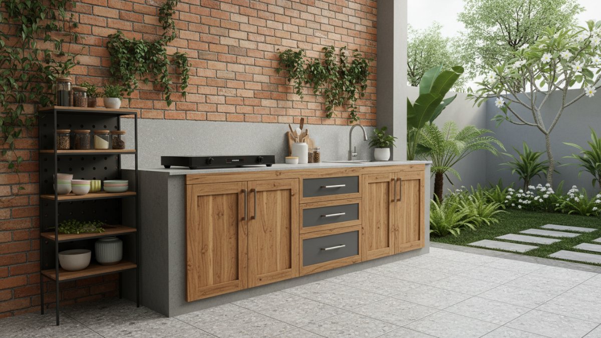 Kabinet tahan cuaca dan rak vertikal pada dapur terbuka untuk penyimpanan rapi dan aman.