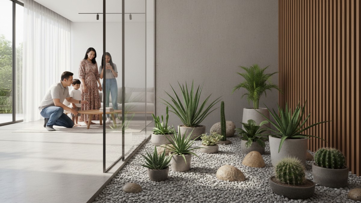 Taman kering indoor minimalis dengan sukulen dan batu koral, solusi ruang hijau estetik di rumah modern.