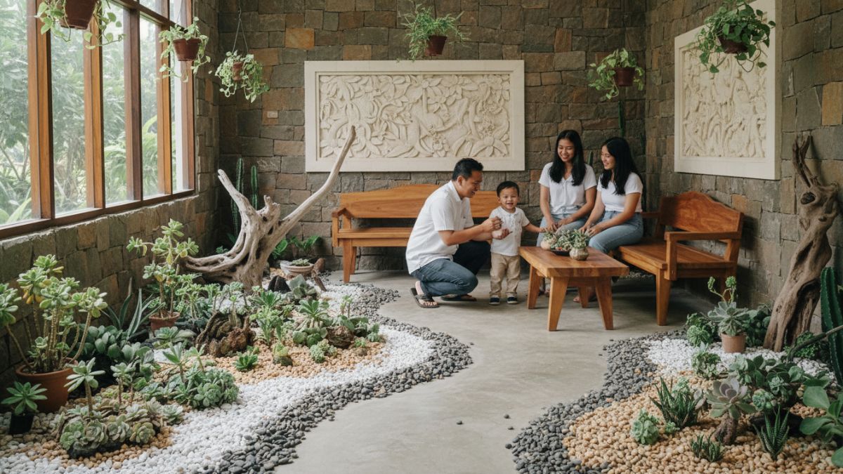 Kombinasi sukulen, kerikil, dan elemen kayu dalam taman kering indoor.