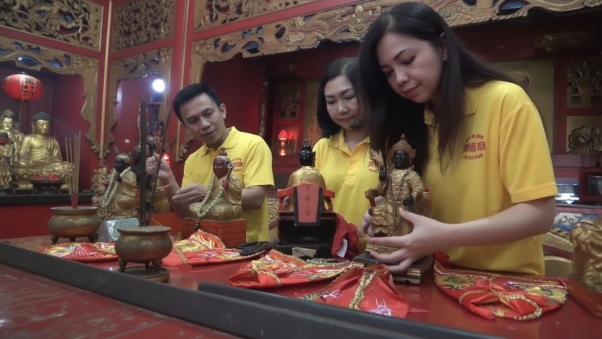 Pengurus kelenteng membersihkan patung dewa-dewi sebagai bagian tradisi Imlek 2026 di Balikpapan.