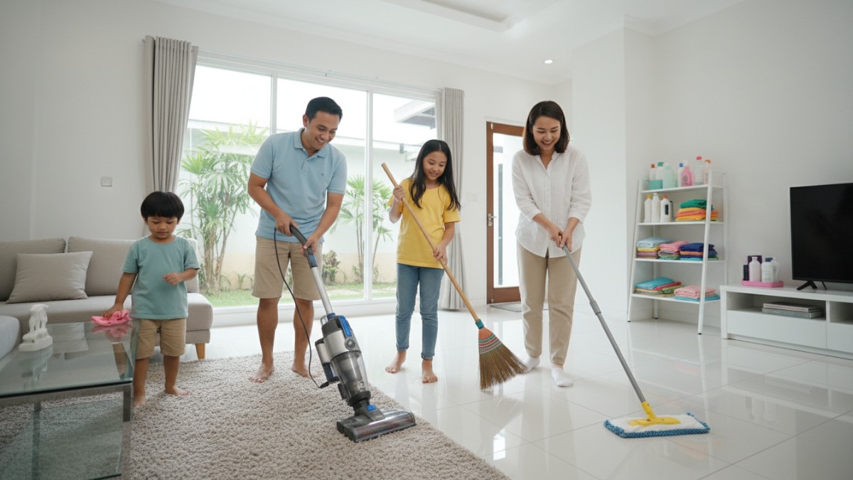 Peralatan kebersihan rumah lengkap seperti sapu, microfiber, dan vacuum cleaner untuk hunian higienis.