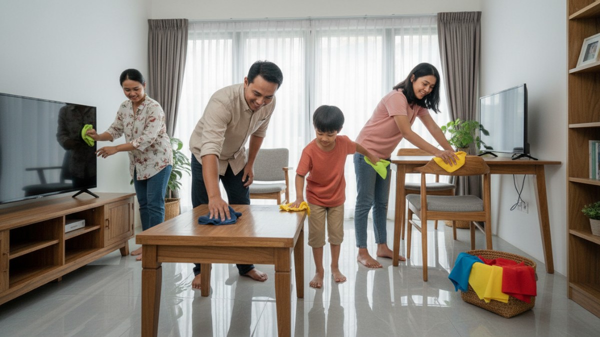 Kain microfiber membersihkan meja dengan efektif dan higienis.