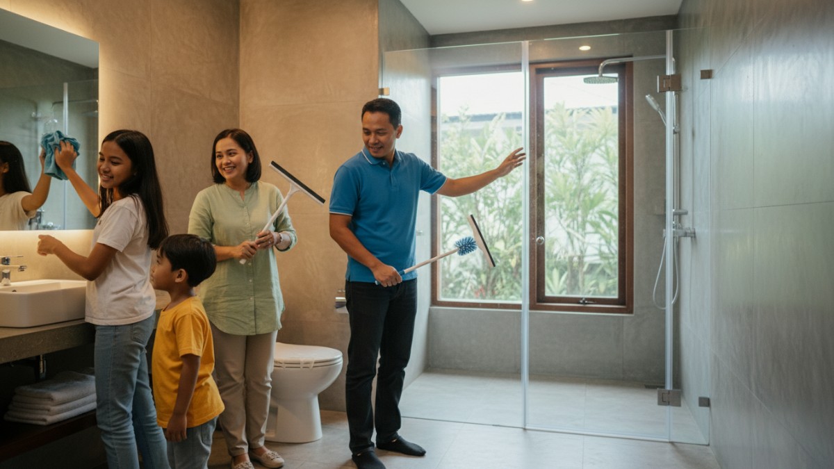 Sikat toilet dan squeegee untuk area kamar mandi dan kaca.