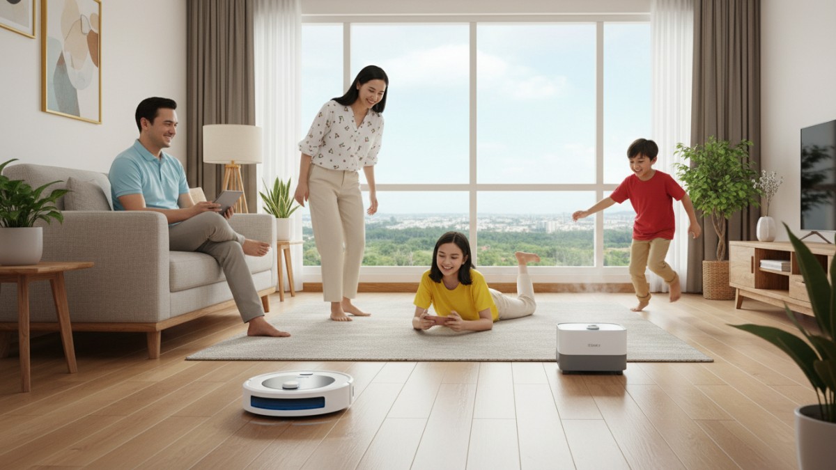 Robot vacuum dan steam cleaner membantu pembersihan rumah modern.