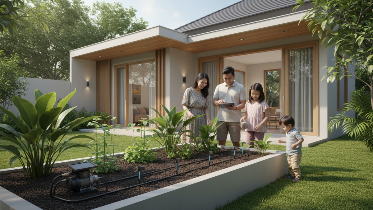 Instalasi smart garden dengan sensor kelembapan tanah dan pompa air otomatis di taman rumah modern.
