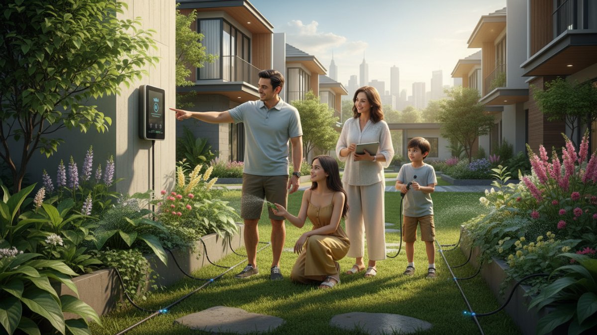 Ilustrasi sistem irigasi otomatis yang menghemat air di taman hunian urban.