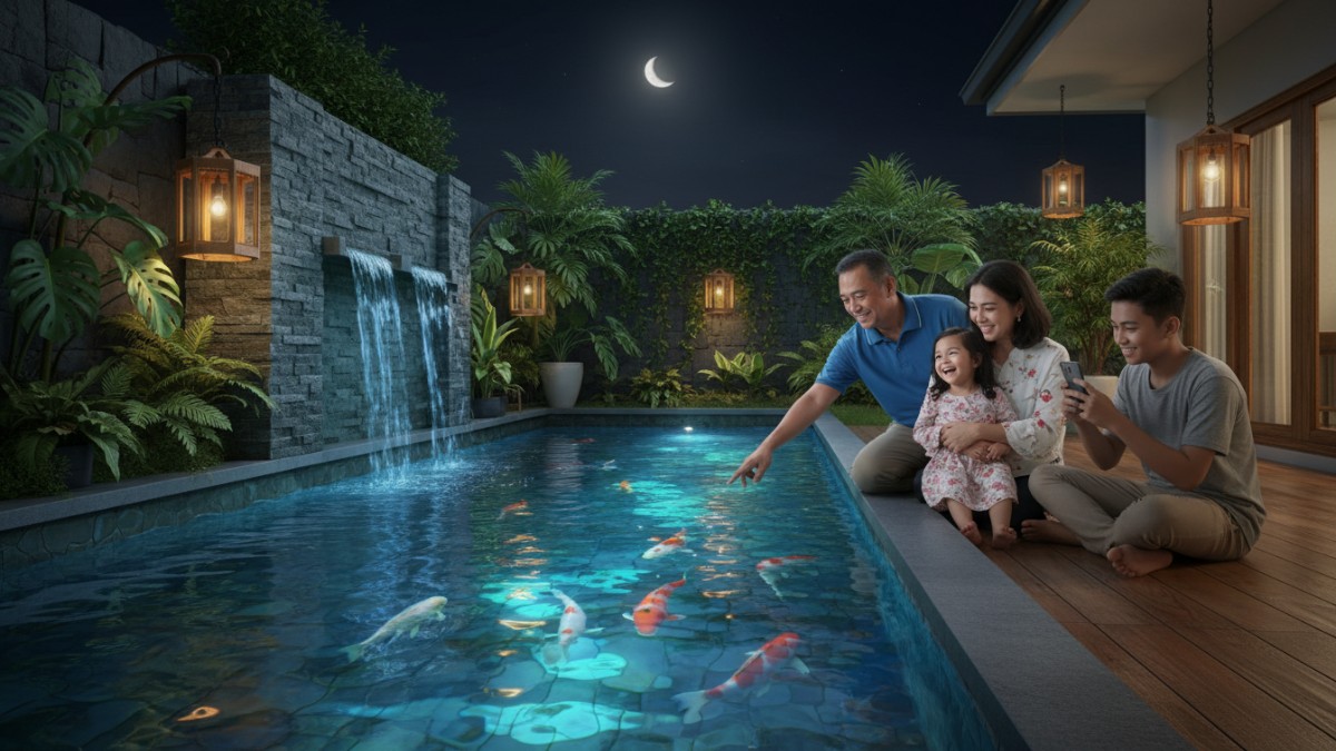 Kolam ikan rumah dengan underwater lighting, menghadirkan efek cahaya dramatis malam hari.