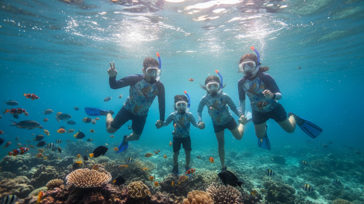 Lampu underwater menyorot ikan dan air, menampilkan efek visual estetik.