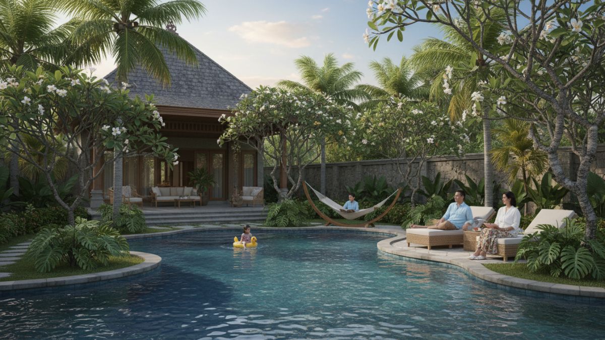 Tata letak pohon dan jarak tanam ideal di sekitar kolam renang.