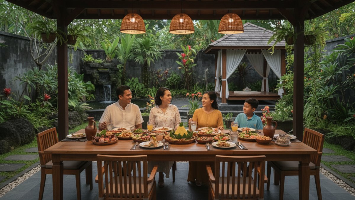 Ruang makan outdoor di taman hijau nyaman dan estetik Cess