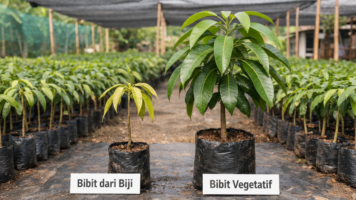 Perbandingan bibit mangga dari biji dan hasil vegetatif di area pembibitan.