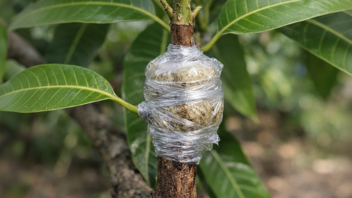 Tahapan teknik grafting mangga dengan pembungkusan plastik pada area sambungan.