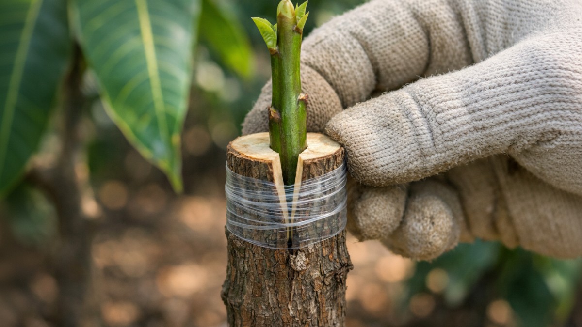 Metode cleft grafting pada batang mangga muda.