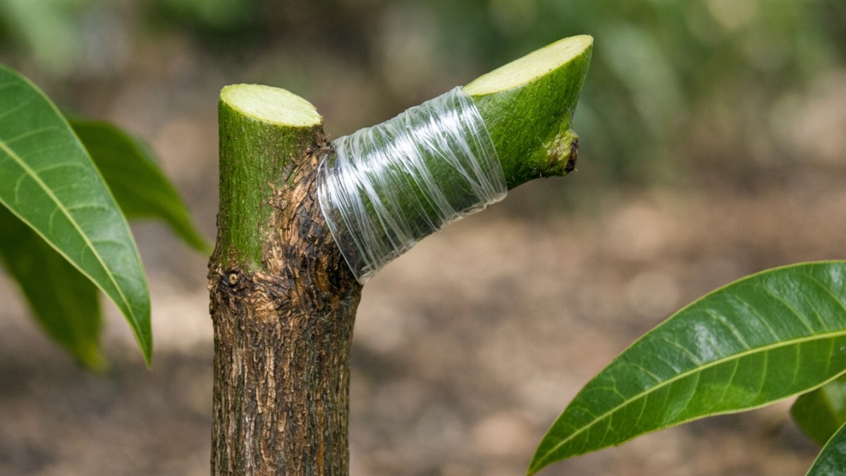 Metode splice grafting pada batang mangga muda.