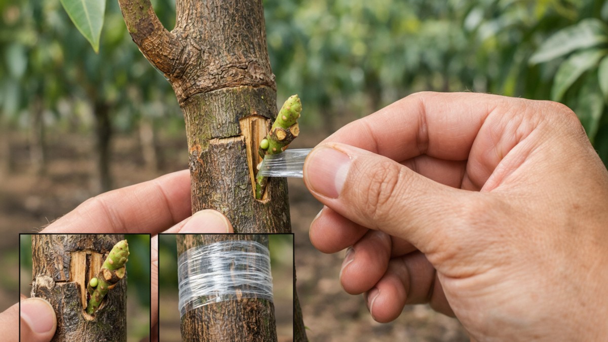 Metode Budding atau Okulasi pada batang mangga muda.