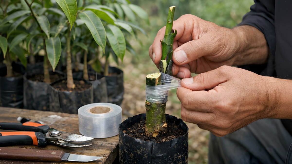 Proses sambung pucuk mangga dengan rootstock dan scion unggul sebagai fondasi bibit mangga berkualitas tinggi.