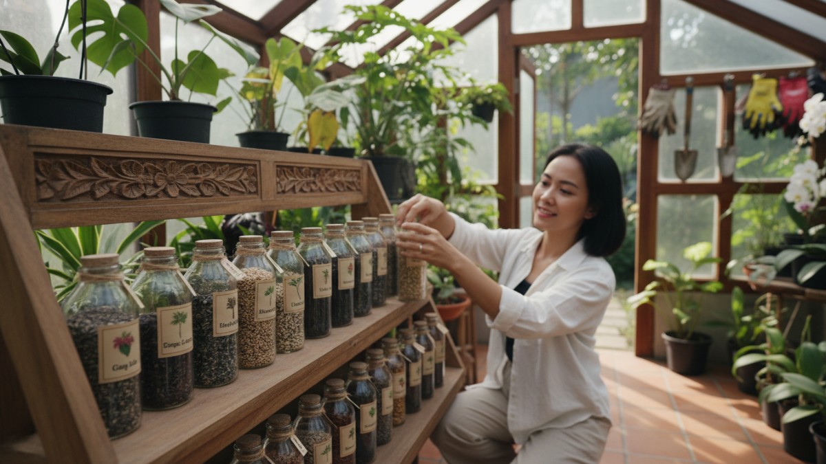proses simpan benih dalam botol kaca berlabel rapi di rak penyimpanan kebun rumah.