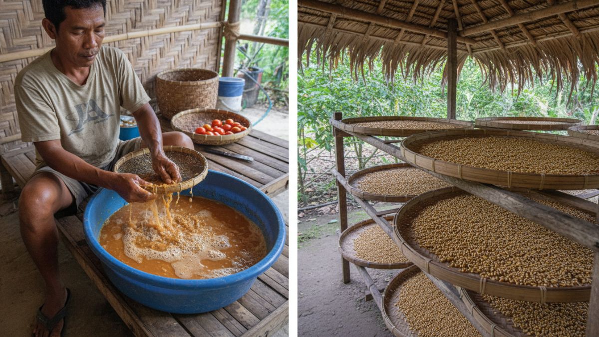 proses fermentasi, pencucian, dan pengeringan